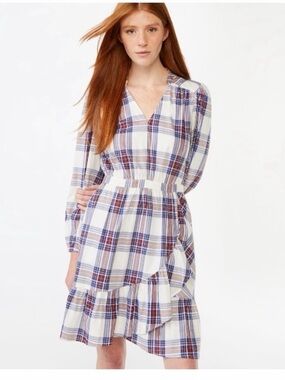 Free Assembly Plaid V-Neck Ruffle Hem Long-Sleeve Faux Wrap Dress Cream Blue M